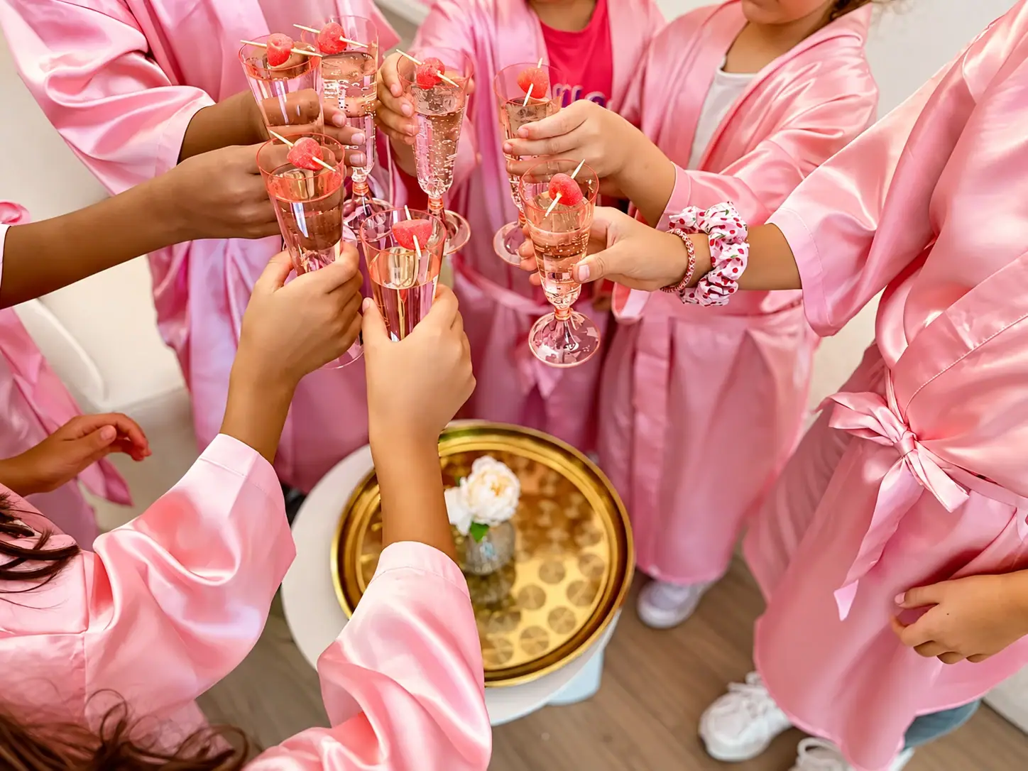 Kinder in rosa Spa-Roben stoßen mit pinken Drinks auf den Geburtstag an